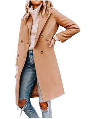 Women Lapel Collar Double Breasted Pea Wool Coat Long Jacket