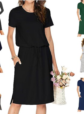 Women Travel Dress Pocket Midi Work Casual Teacher Outfit