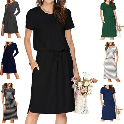 中长款连衣裙带口袋2023欧美时尚