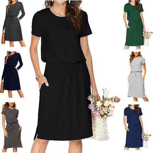 中长款连衣裙带口袋2023欧美时尚