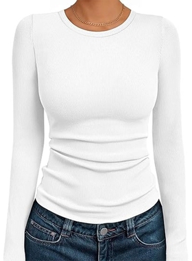 长袖弹力圆领T恤女修身休闲上衣