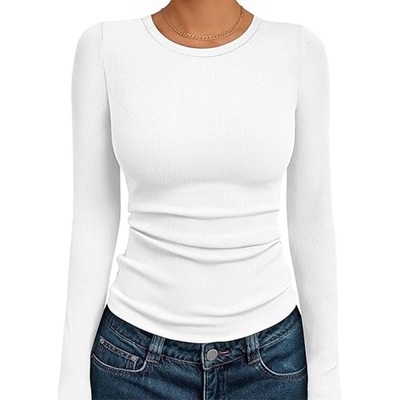 长袖弹力圆领T恤女修身休闲上衣