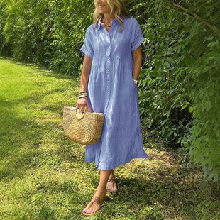 Midi Long Short Summer Sleeve Loose Stripe Dress Women Shirt