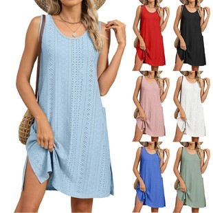 Summer Dress Women Eyelet Loose Sleeveless Sundresses Pocket