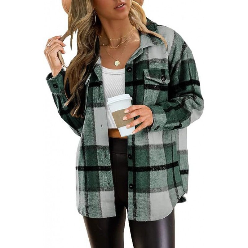 Women Fall Flannel Plaid Button Long Sleeve Shirts Jackets