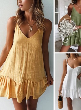 Shift Dress Ruffle Sexy Sundress Mini Cotton Linen露背连衣裙