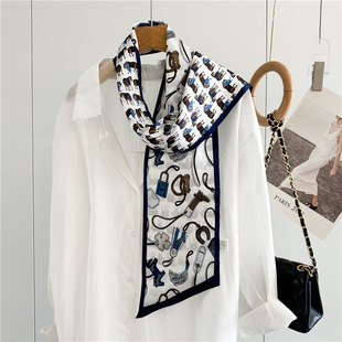 马具配饰长款真丝围巾女气质桑蚕丝丝巾细窄长双层双面领巾飘带