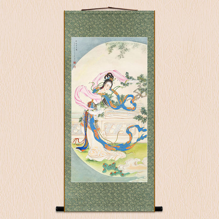 嫦娥奔月卷轴挂画 玉兔常娥装饰画 中式复古绢布材质挂轴字画装裱