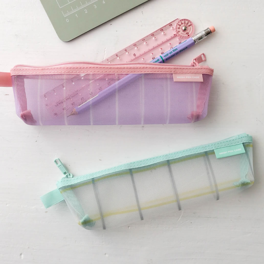 日本midori网眼笔袋条纹方格限定文具收纳袋大容量化妆包拉链袋