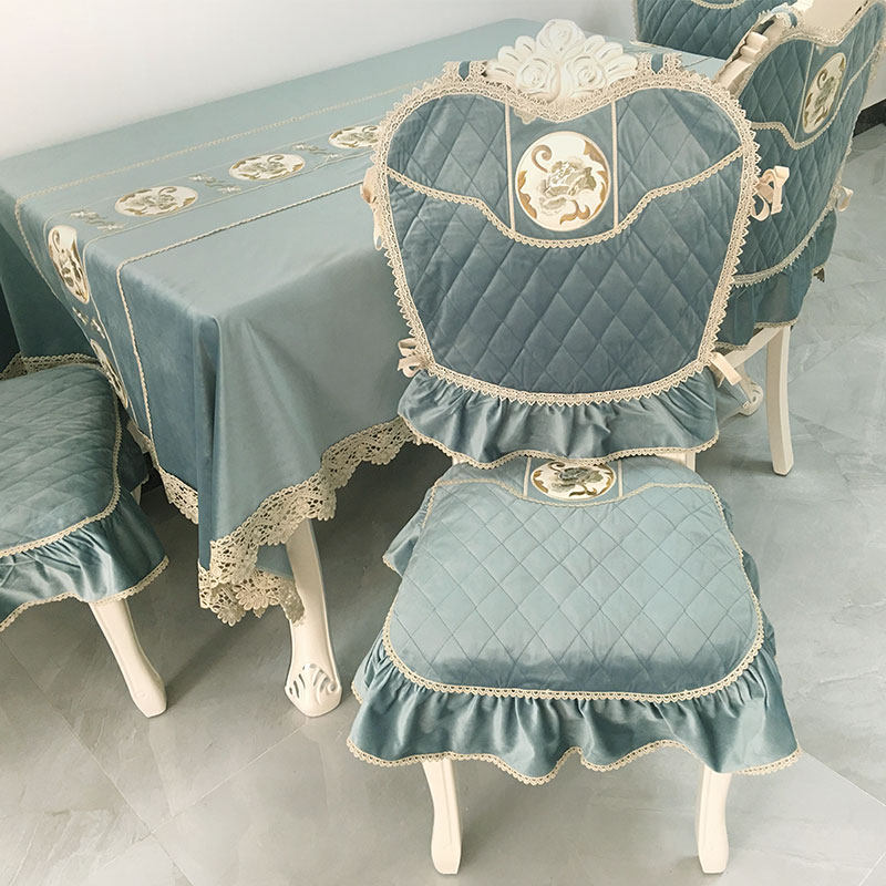 巴芙洛蕾丝刺绣桌布简约欧式蓝色绒布餐桌巾长形台布椅坐垫可定制