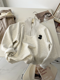 白花灰色翻领半开领拉链立领卫衣女加绒加厚秋冬宽松慵懒上衣外套