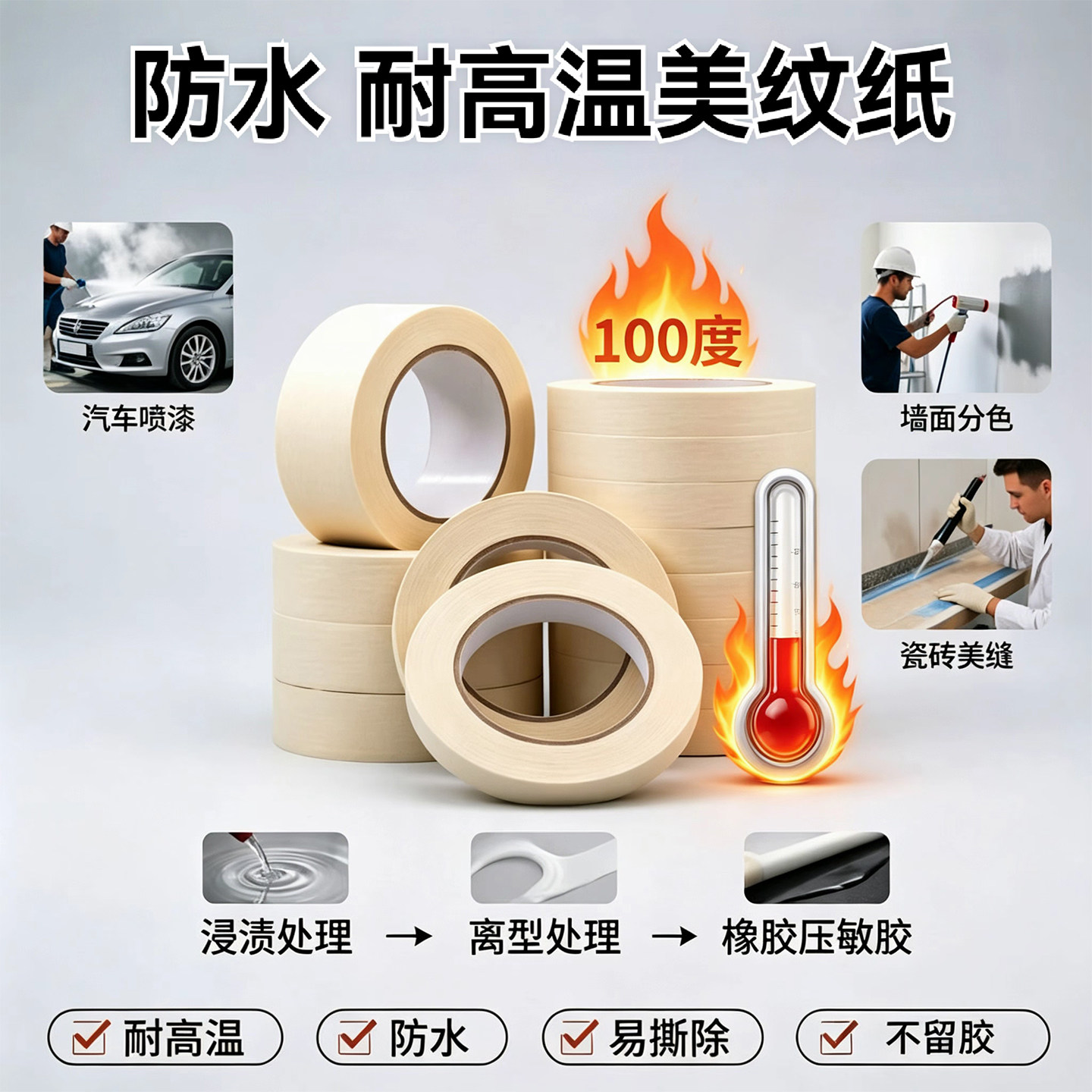 防水美纹纸烤漆房耐高温分色纸