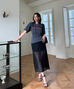 whain韩国直邮新品 气质通勤显瘦A裙 层次透纱开衩高腰半身裙时尚