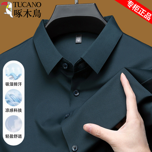 寸衫 啄木鸟无痕高端冰丝短袖 薄款 商务休闲弹力免烫衬衣男士 男 衬衫