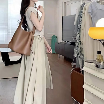 法式气质卡其雪纺半身裙百褶长裙轻熟风套装女夏高腰a字大摆伞裙