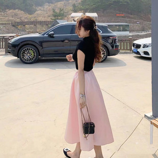 温柔粉色半身长裙a字伞裙套装 法式 女夏小个子高腰显瘦休闲蓬蓬裙