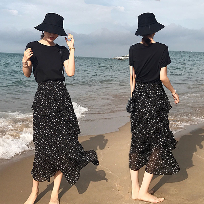 女夏不规则波点雪纺蛋糕半身长裙