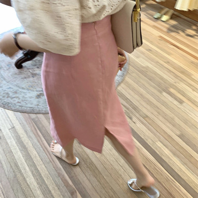 棉麻粉色开叉包臀裙女春半身裙子