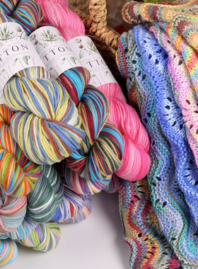 手染纯棉渐变多巴胺毛线中粗儿童宝宝毛衣线全棉线钩针毯子材料包