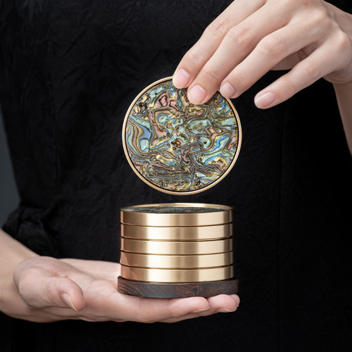 复古大漆螺钿铜边防烫茶杯托
