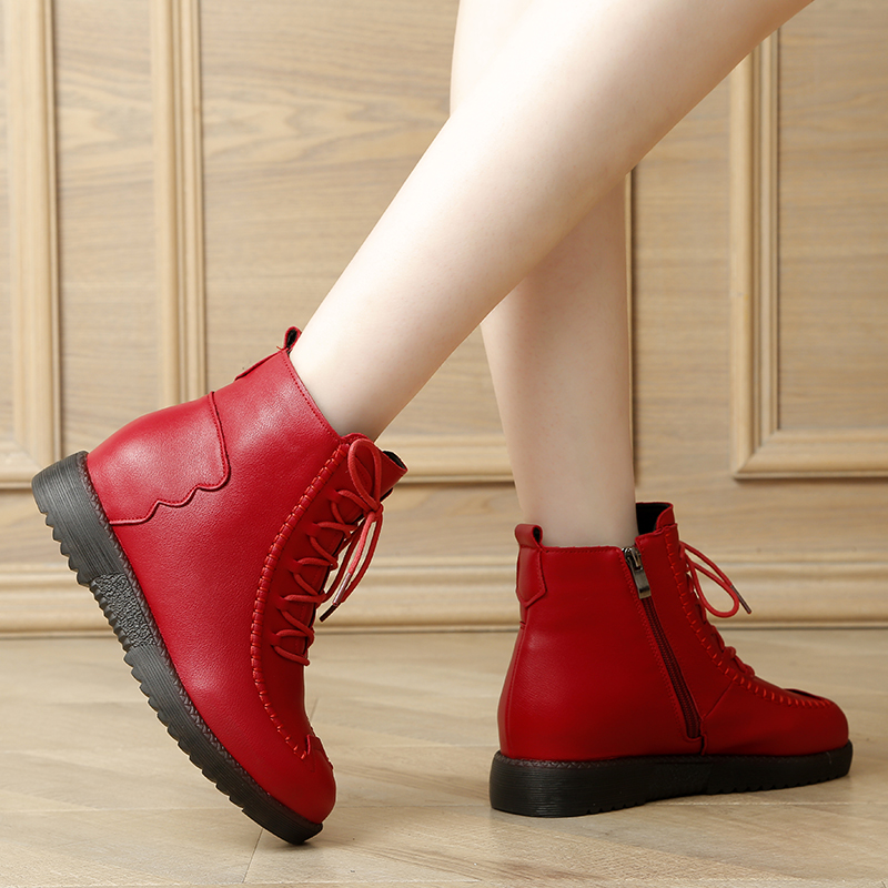 短靴女红色小皮靴牛筋软底妈妈鞋