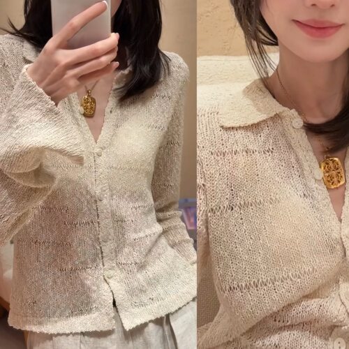 2026春夏新款洋气镂空翻领针织衫女百搭气质开衫上衣潮