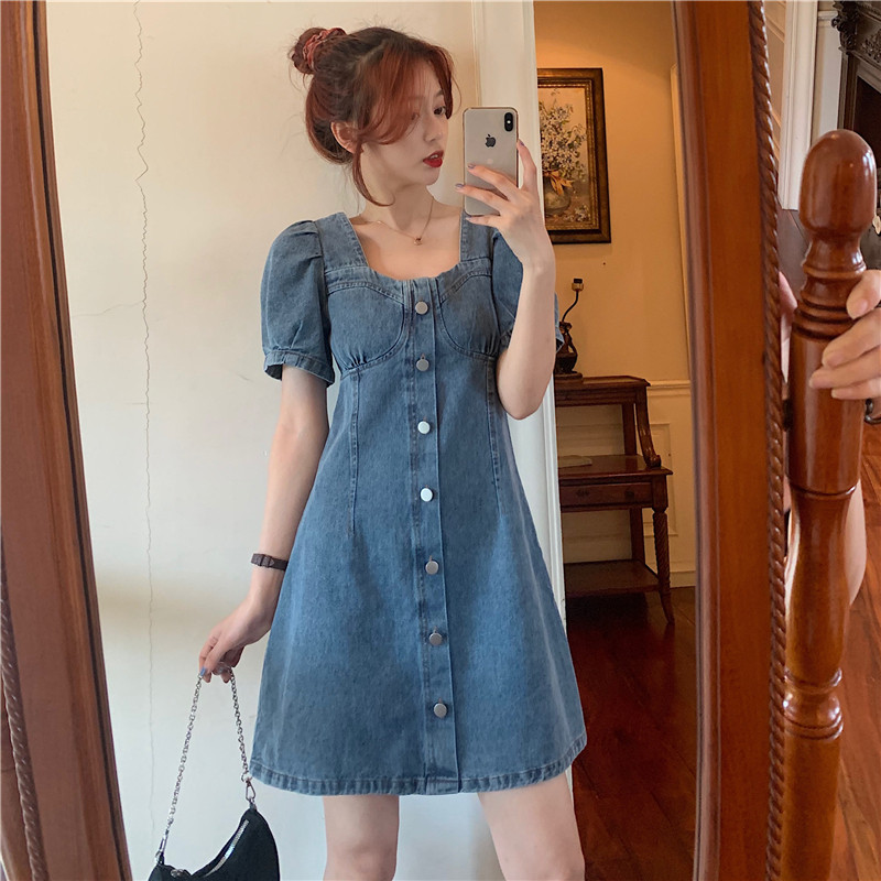 减龄气质法式泡泡袖牛仔连衣裙女夏季大码胖mm收腰显瘦背带短裙子