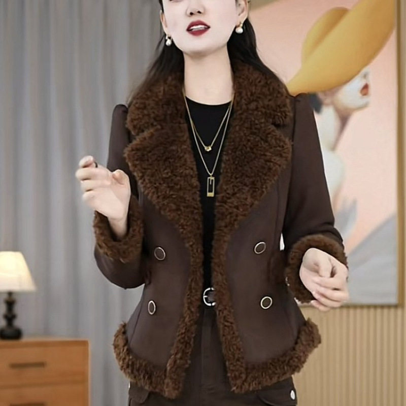 女士冬季双排扣加绒棉袄小个子皮毛一体外套妈妈冬装加厚保暖棉衣