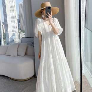白色灯笼袖短袖V领连衣裙女夏季2025新款韩版宽松显瘦a字长款裙子