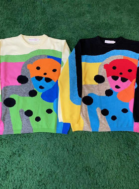 高版WalterVanBeirendonck彩虹外星人拼色针织刺绣男女针织衫毛衣
