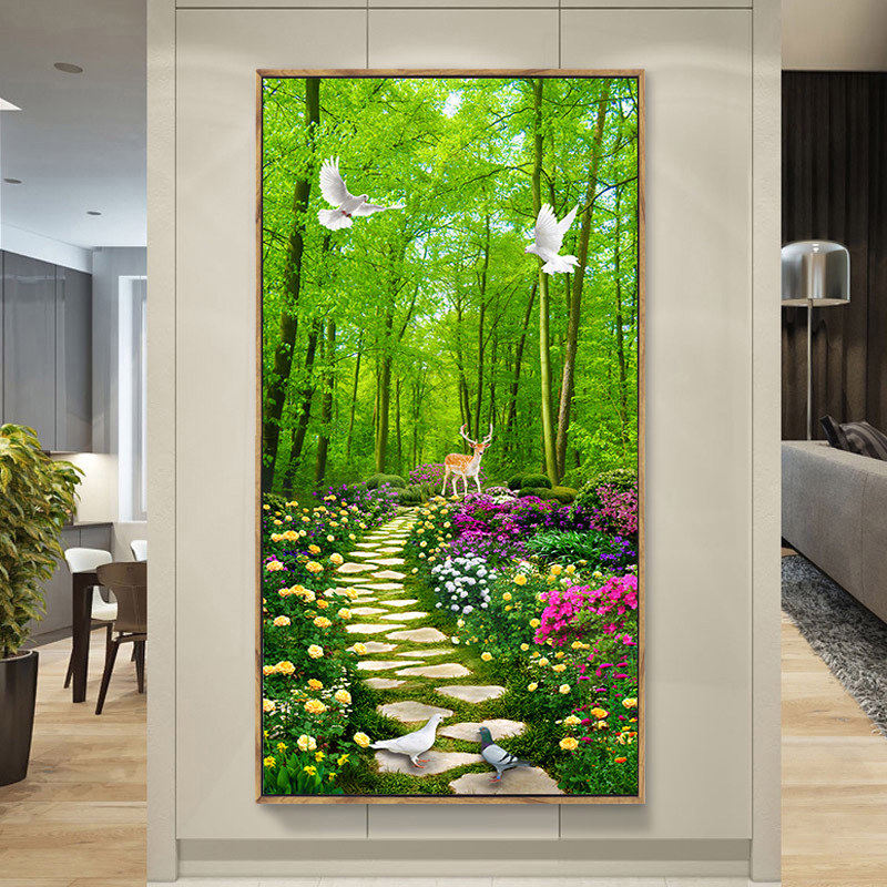 十字绣2024新款绣客厅麋鹿5d钻石画满钻发财鹿风景竖版玄关钻石绣