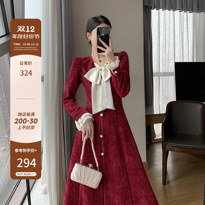 FT GUOGE红色连衣裙女2023秋新款高级感法式复古订婚敬酒礼服裙子