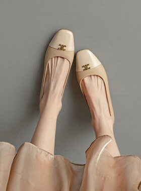 2026春夏新款法式复古小牛皮气质优雅金扣方头浅口低跟平底单鞋女