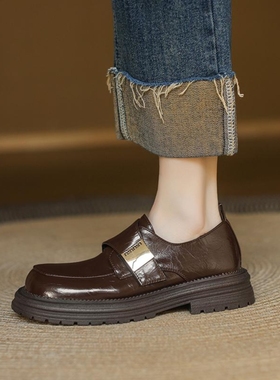 羊皮版~法式复古圆头厚底小皮鞋女2024秋新款金属扣深口黑色单鞋