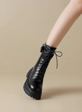 软牛皮厚底增高马丁靴女黑色2025秋冬新款英伦风系带骑士靴短靴子