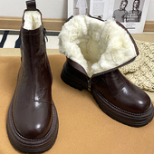 纯羊毛雪地靴真皮羊羔毛短靴女2025年冬季 新款 厚底加厚复古马丁靴