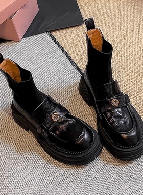 小羊皮复古山茶花厚底短靴女2025秋冬新款黑色圆头针织弹力袜靴女