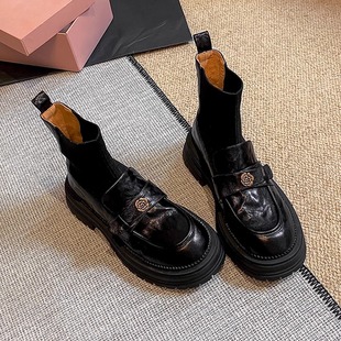 小羊皮复古山茶花厚底短靴女2025秋冬新款 黑色圆头针织弹力袜靴女