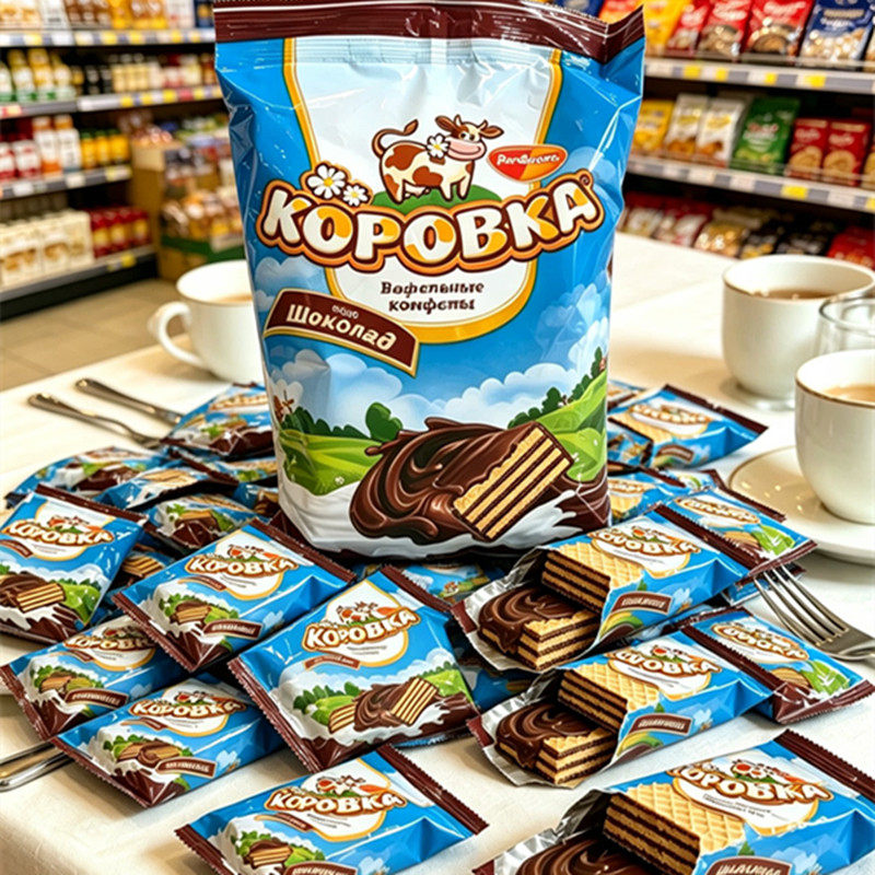 俄罗斯进口小牛威化黑巧克力图层饼干250克零食独立包装下午茶