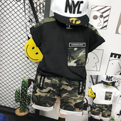 中小童洋气T恤两件套韩版 童装 迷彩套装 2023新款 男童夏季 纯棉短袖