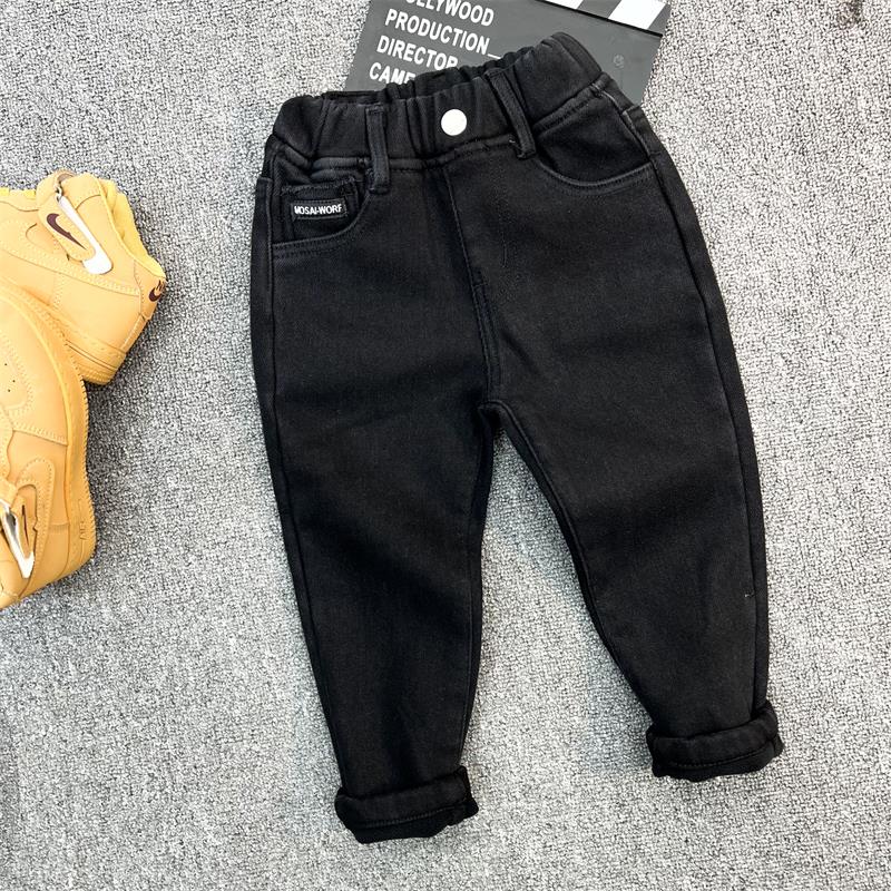 儿童冬款牛仔裤宝宝穿黑色一体绒长裤中小童弹力修身版加绒裤子潮