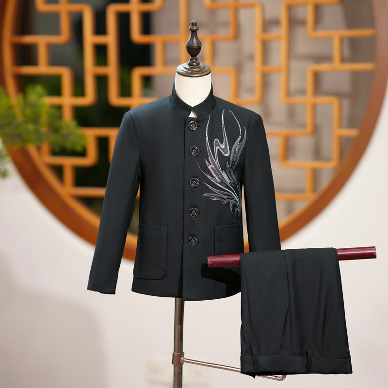 男童新中式套装中华立领黑色西服中国风国潮朗诵演出主持走秀礼服
