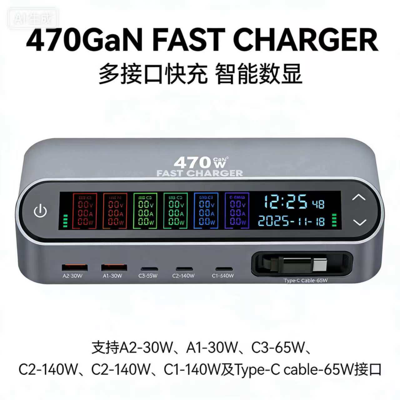 2026新款470W数字显屏快充氮化镓2A3C充电器PD140W伸缩数据线65W手机苹果电脑通用英澳欧规桌面充电坞带开关