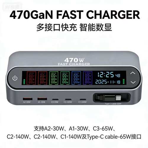 2026新款470W数字显屏快充氮化镓2A3C充电器PD140W伸缩数据线65W手机苹果电脑通用英澳欧规桌面充电坞带开关