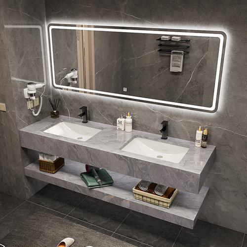 公共卫生间双盆洗漱台大理石浴室柜洗手盆组合双人厕所洗脸池套装