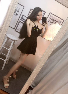 欧洲站2019夏夜店刺绣猫咪性感抹胸短裙吊带主播服装蓬蓬连衣裙