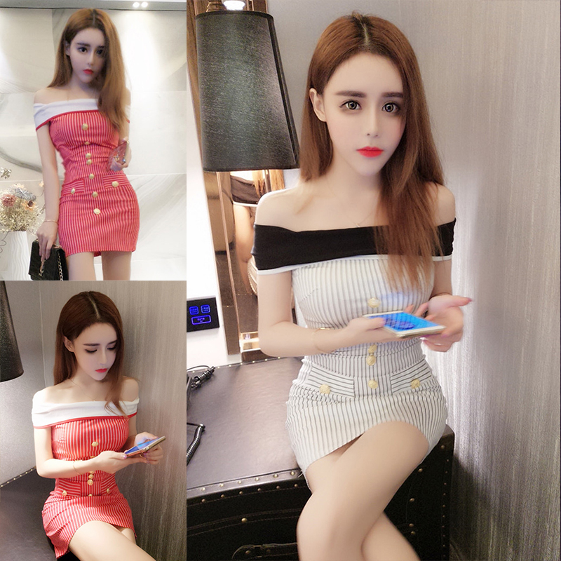 2020一字领夜店女装夏季气质修身显瘦紧身连衣裙条纹抹胸包臀短裙