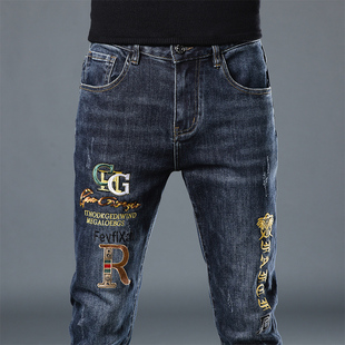 高端欧货2025秋冬新款刺绣男士牛仔裤修身小脚弹力潮牌休闲裤子男