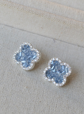 日韩小众设计清新海蓝色碎钻四叶草造型简约气质高级感耳饰耳钉女