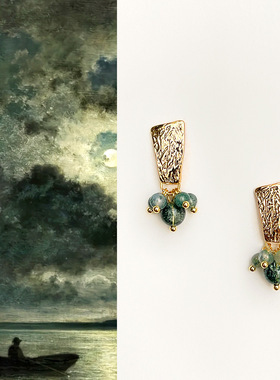 国潮复古手作设计绿色天然石耳钉法式金属锤纹耳环轻奢高级感耳饰